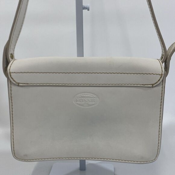 Vintage Fossil Shoulder Bag White Leather Y2K Stitched Heavy Duty Gold Toggle - Picture 10 of 16